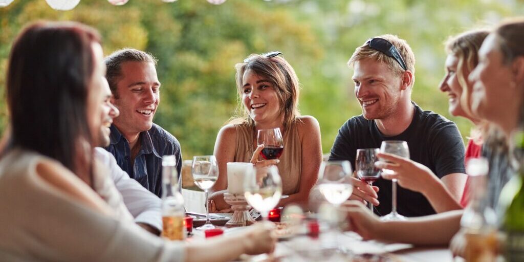 Friends,,Group,And,Dinner,Party,With,Pizza,,Celebration,And,Young